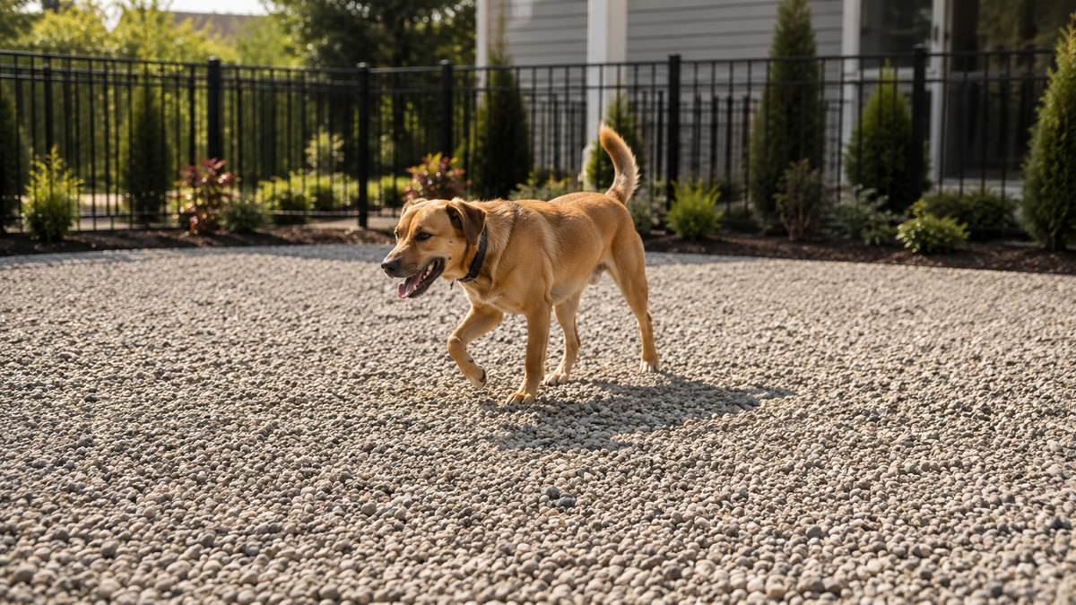 Clean gravel dog run showing a common outdoor pet area where urine odor can build up beneath the surface over time.