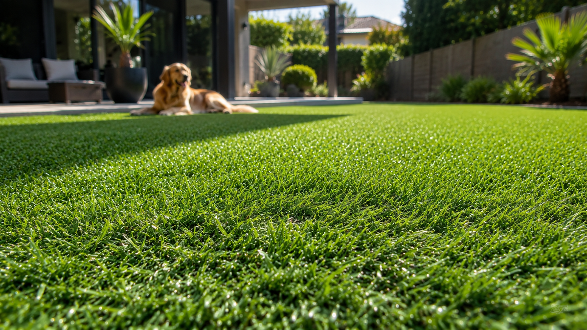 Artificial turf backyard on a hot summer day showing how heat can intensify pet odor trapped within synthetic grass.