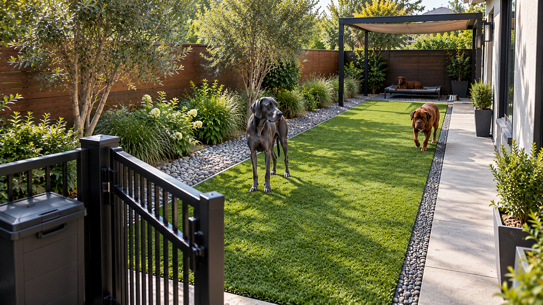Clean outdoor dog run with artificial turf, gravel, concrete walkway, and two dogs, illustrating routine dog run cleaning and maintenance.