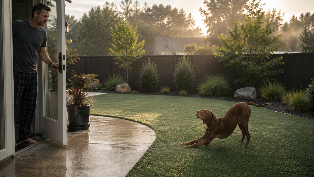 Humid morning in a backyard with artificial turf and concrete patio where moisture can make hidden pet urine odor more noticeable.