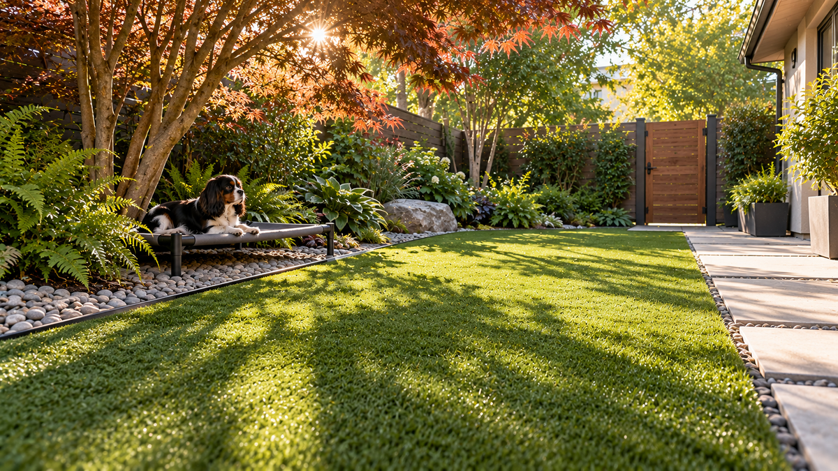 Cool shaded artificial turf dog area during early morning, illustrating favorable conditions for applying outdoor enzyme cleaner in hot weather.