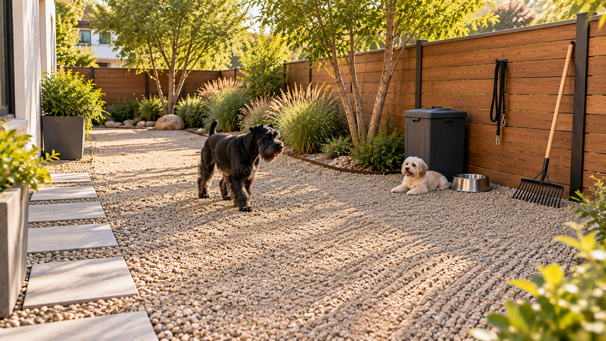 Clean and well-maintained gravel dog area with grooming patterns and pet amenities illustrating routine maintenance for recurring dog urine odor.