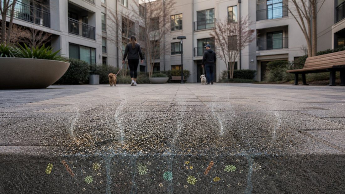 Apartment courtyard with concrete surface showing how repeated pet use can cause urine odor to linger in shared outdoor spaces.