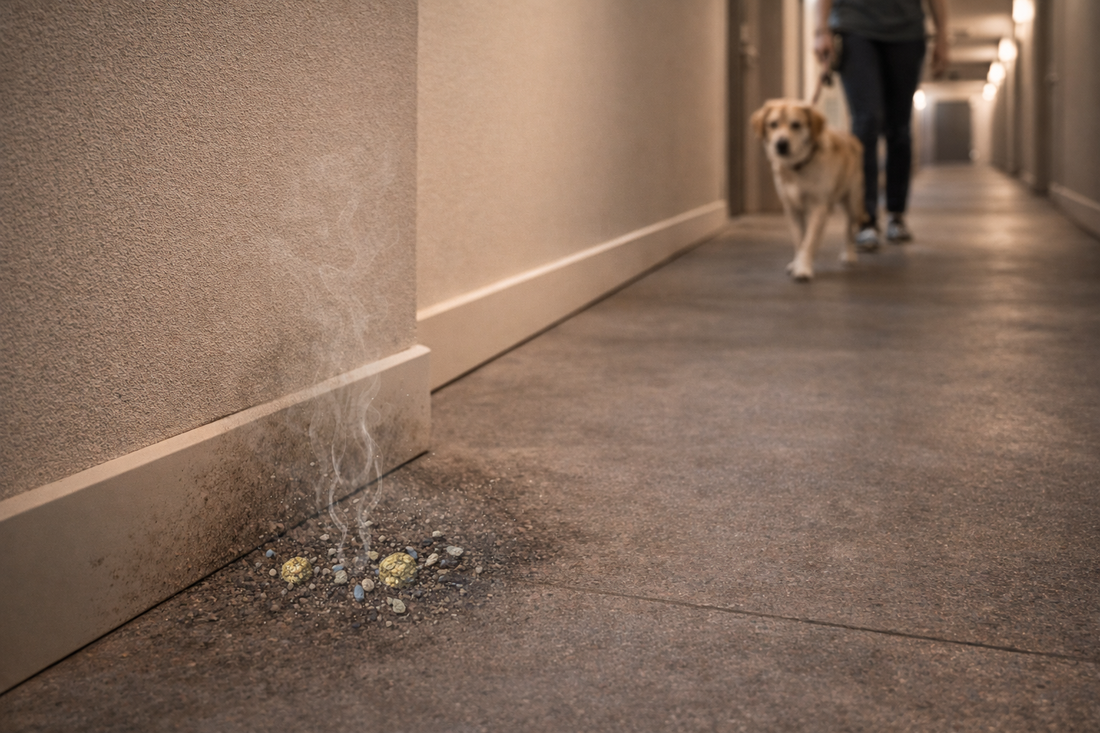 Apartment hallway with tile flooring and baseboards showing how pet urine residue can build up in shared indoor spaces and cause persistent odor.