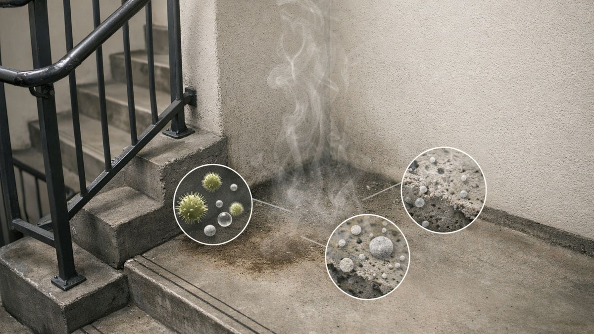 Apartment stairwell with concrete steps showing how dog urine residue can build up in porous surfaces and create persistent odor.