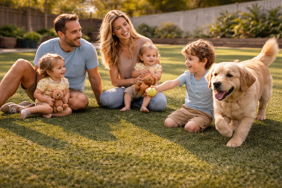 Family playing with dog on clean artificial turf backyard in warm daylight, showcasing safe and well-maintained outdoor space