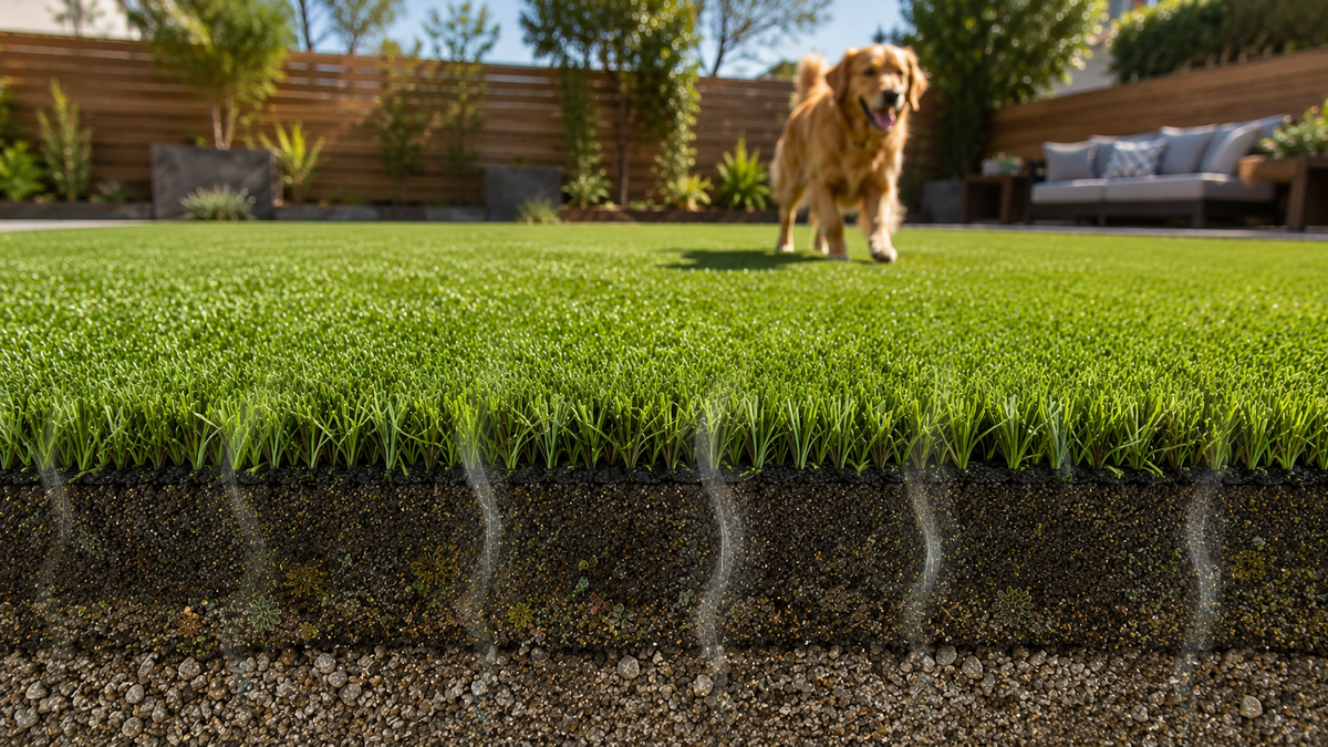Artificial turf backyard showing how pet urine residue can build up inside turf infill and require specialized cleaners for odor control.