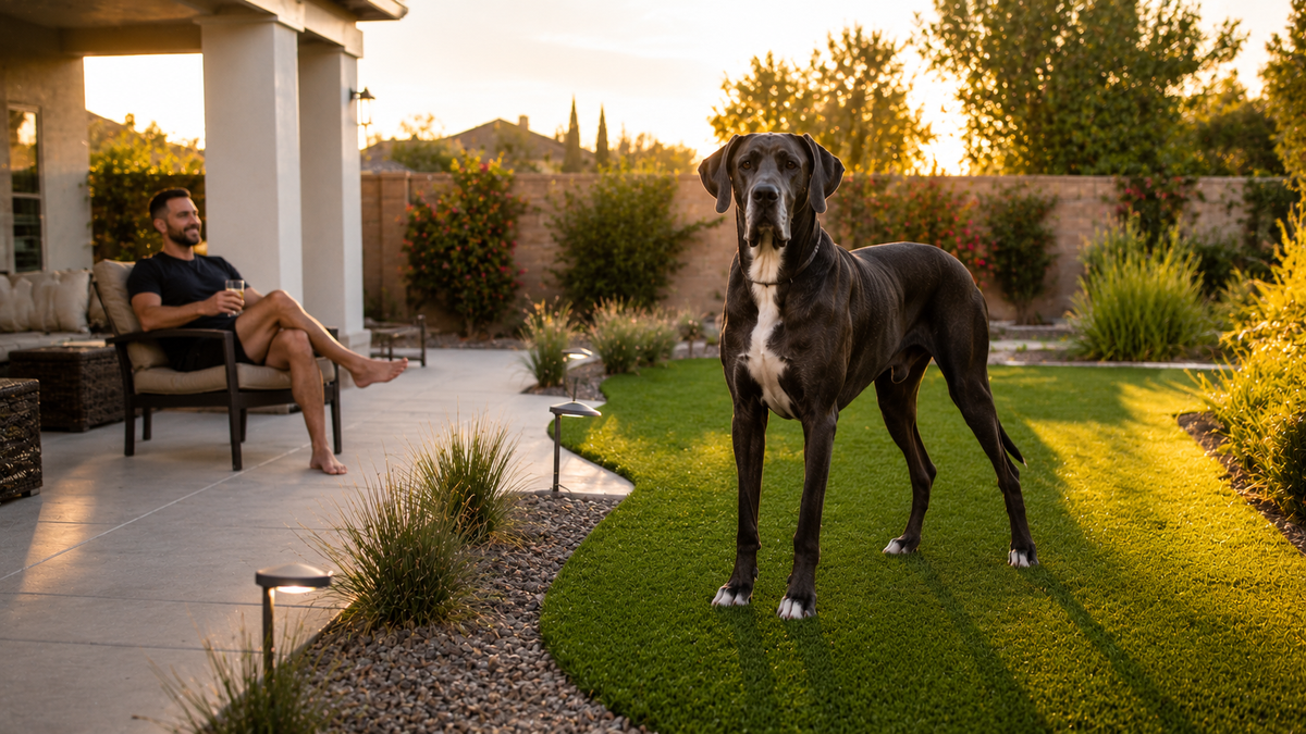 Large Great Dane enjoying a clean outdoor backyard with artificial turf, concrete patio, and gravel pet area maintained for long-term freshness.