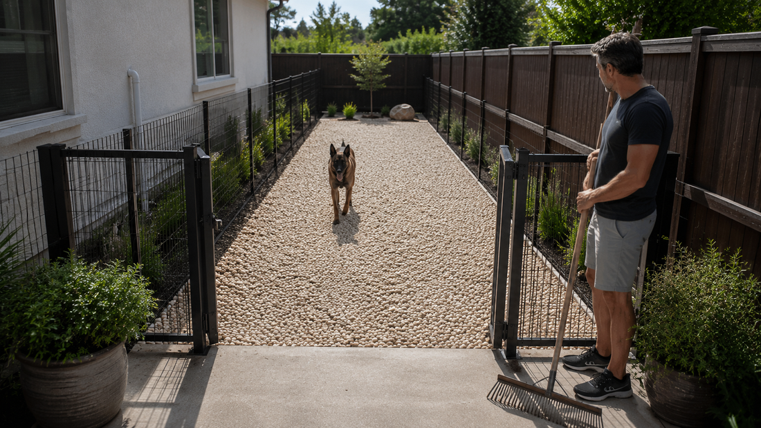 Clean outdoor gravel dog run with a Belgian Malinois after routine maintenance, illustrating a well-maintained pet area designed to control recurring outdoor odor.