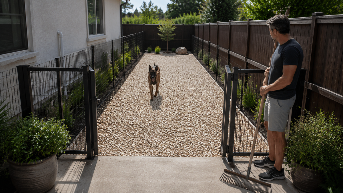 Clean outdoor gravel dog run with a Belgian Malinois after routine maintenance, illustrating a well-maintained pet area designed to control recurring outdoor odor.