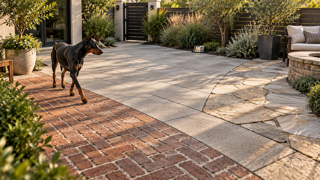 Pet-friendly courtyard with brick, concrete pavers, and natural stone showing different outdoor surfaces that require compatible pet odor cleaning methods.