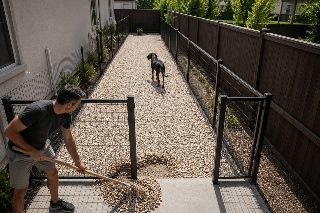 Well-maintained backyard with multiple outdoor pet areas designed for two or more dogs, illustrating a consistent routine for preventing outdoor pet odor.