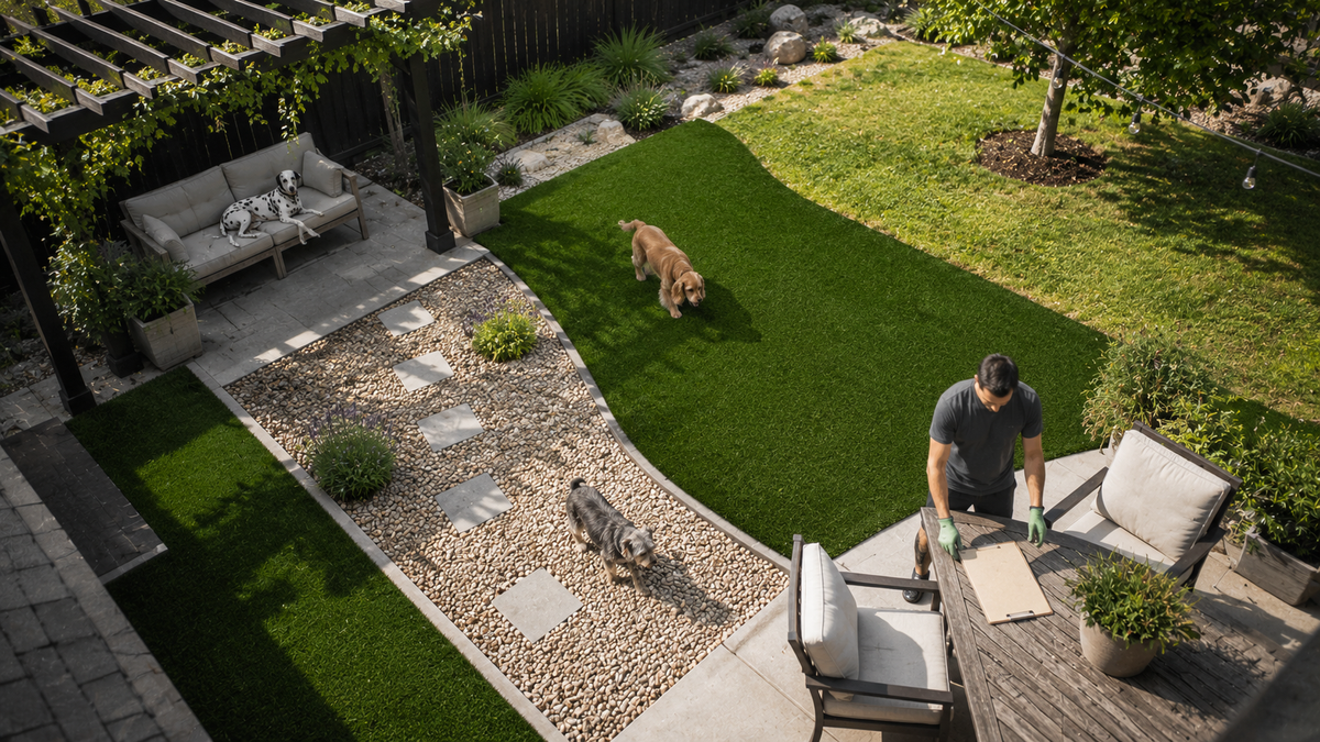 Well-maintained backyard with multiple outdoor pet areas designed for two or more dogs, illustrating a consistent routine for preventing outdoor pet odor.