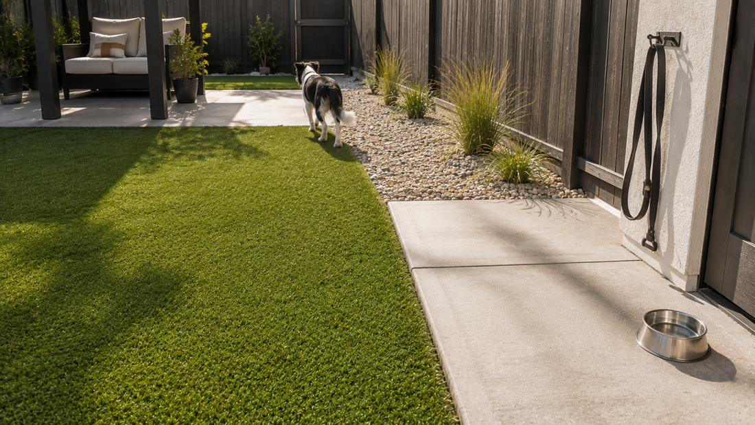 Frequently used outdoor dog area with artificial turf, gravel, and concrete showing surfaces where recurring pet urine odor can develop.