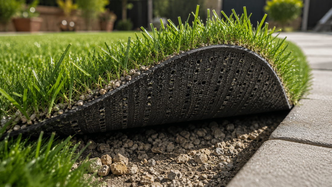 Close-up of artificial grass backing beneath synthetic turf fibers and infill, showing the turf layer that cleaning solutions may contact.