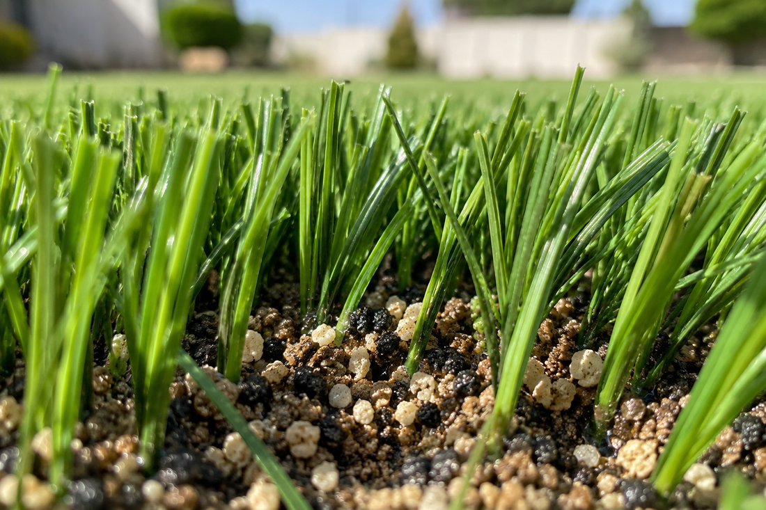 Close-up of artificial turf fibers and exposed infill showing where pet urine residue and odor can accumulate below the visible grass surface.
