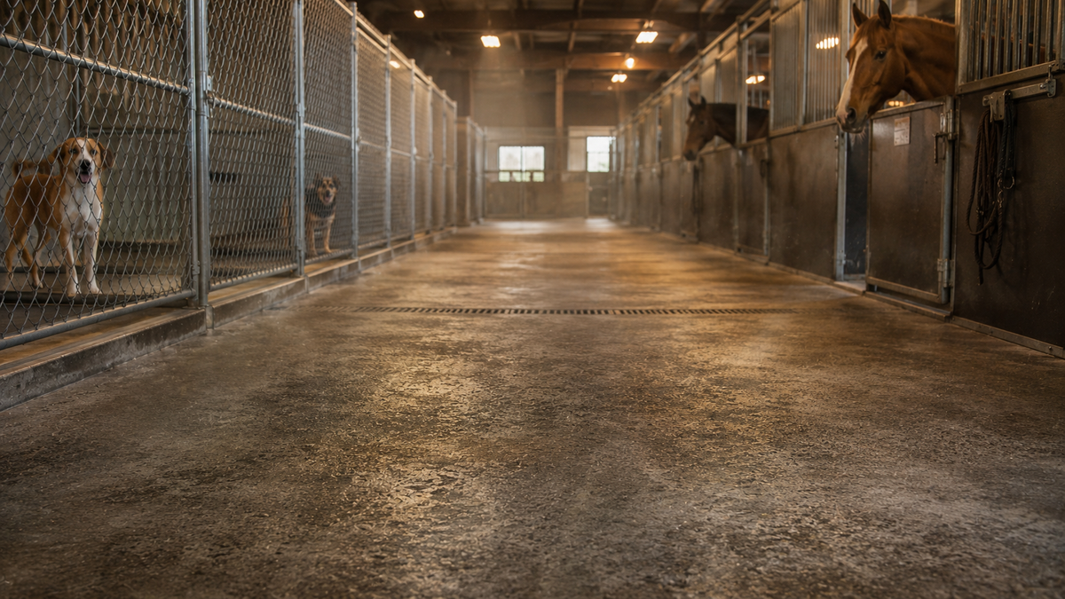 Animal facility with concrete flooring and drains showing how urine buildup can create chronic ammonia odor over time.