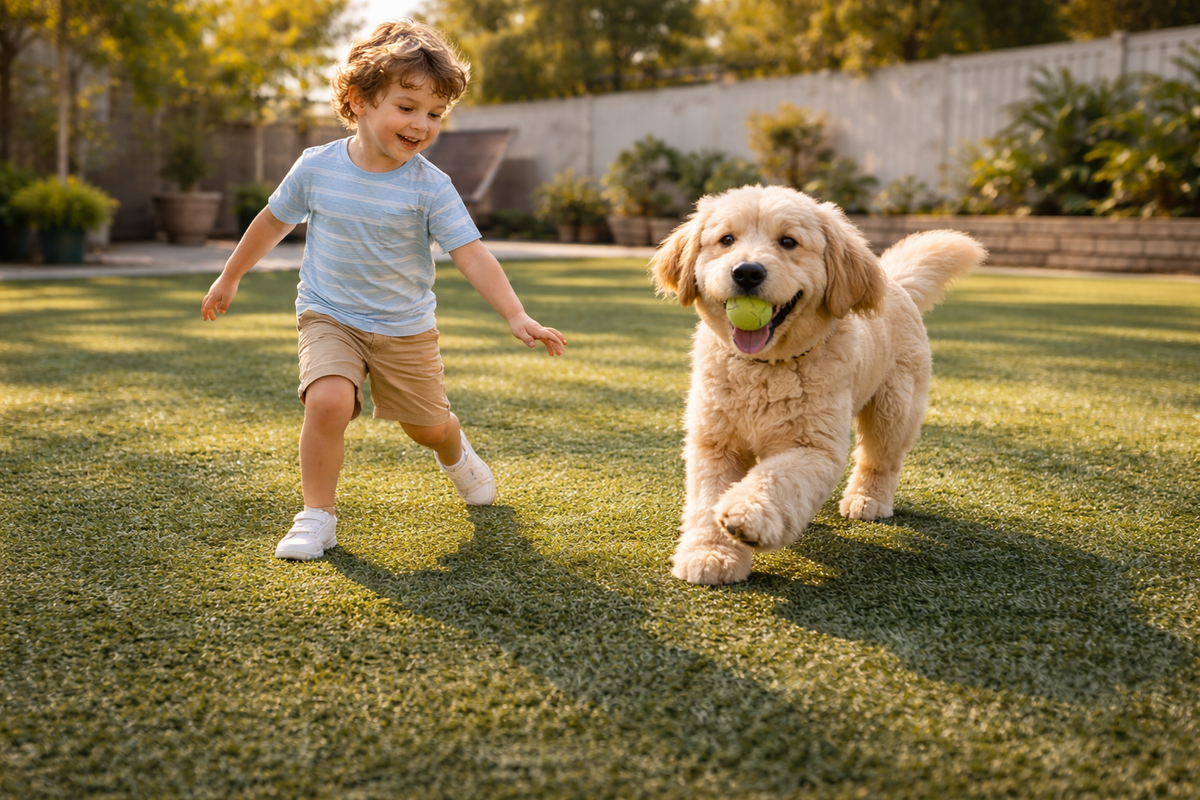 Clean artificial turf backyard with a child and dog playing together in a safe outdoor space.