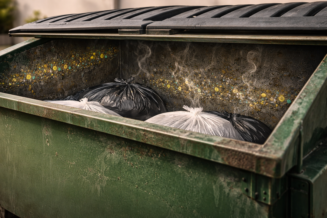 Commercial dumpster with lid open showing how organic waste buildup inside creates odor over time.