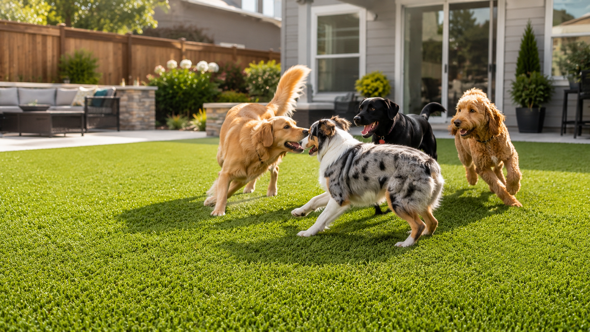 Multiple dogs playing in a clean backyard representing a typical multi-dog home where indoor and outdoor odor management is important.