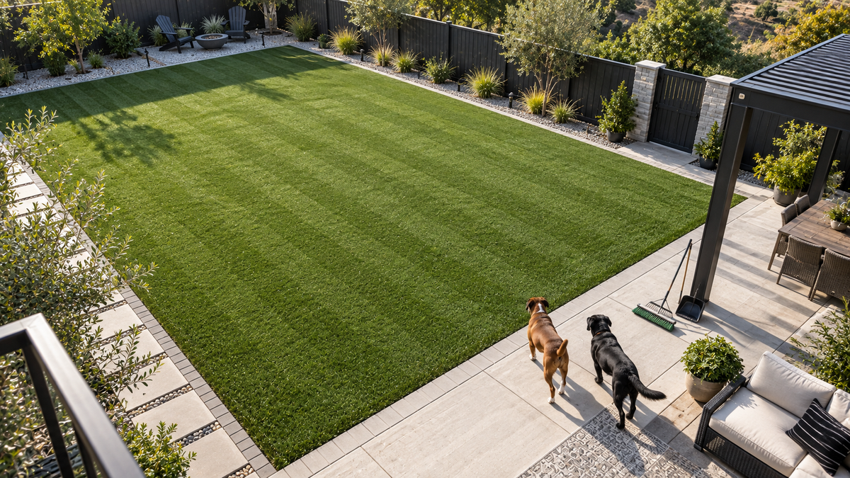 Deep cleaned artificial turf backyard maintained for multiple dogs after removing accumulated pet urine odor and restoring high-use areas.