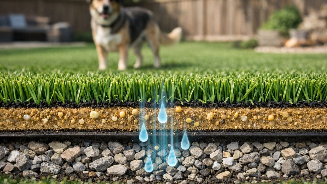 Artificial turf backyard with cutaway view showing how dog urine drains through fake grass fibers, infill, and gravel base layers.