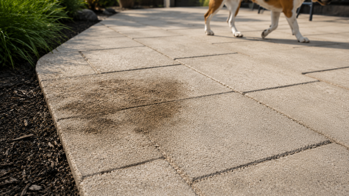 Close-up of subtle pet-related discoloration on concrete patio pavers and sand-filled joints in an outdoor dog area.