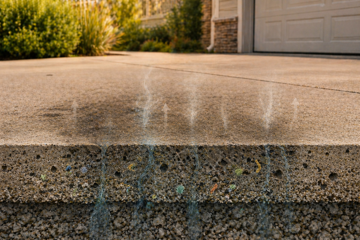 Concrete driveway showing how urine residue absorbed into the surface can break down and create ammonia odor.