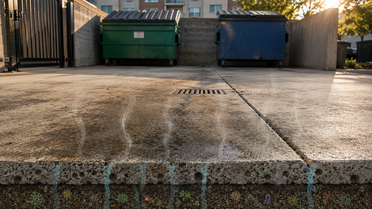 Concrete dumpster area showing how urine and organic waste residue build up in porous surfaces and create lingering odor.