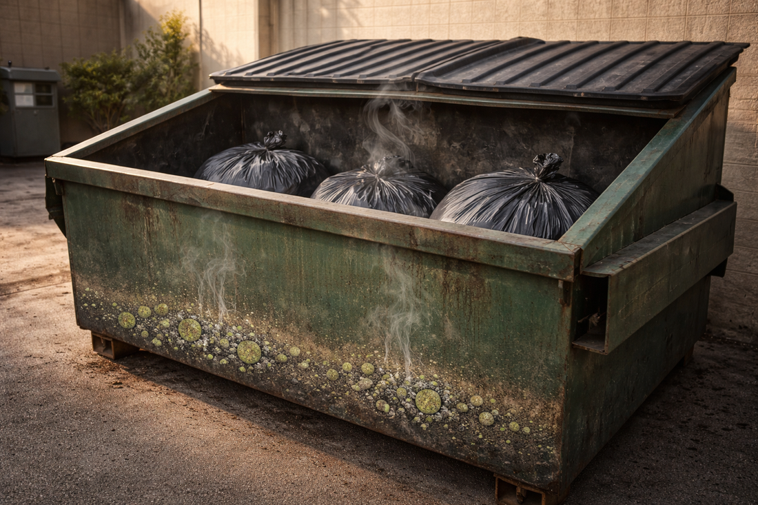 Commercial dumpster area showing how organic waste and liquid residue inside the container create persistent odor.
