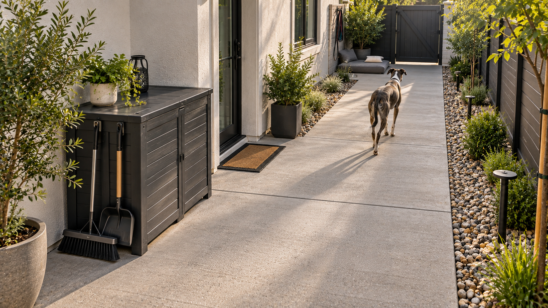 Clean outdoor concrete dog area returned to everyday pet use after a deep-clean reset, illustrating ongoing maintenance for recurring urine odor.