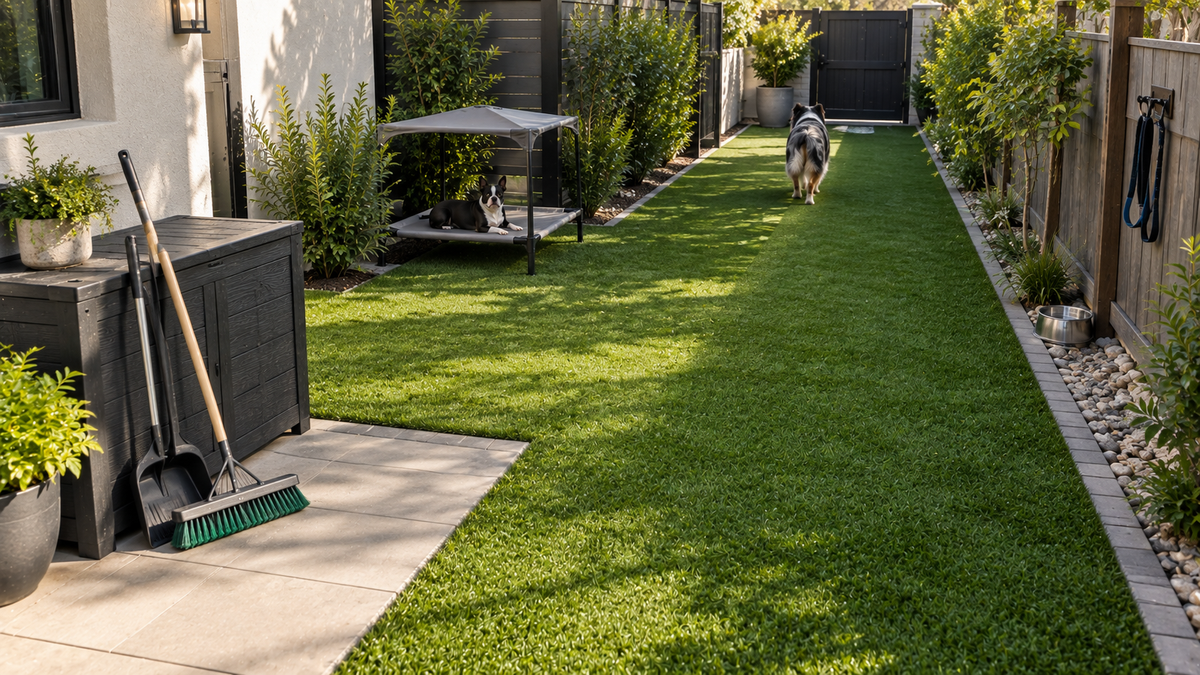Maintained artificial turf dog run showing a clean high use pet area managed with periodic deep cleaning and ongoing odor maintenance.