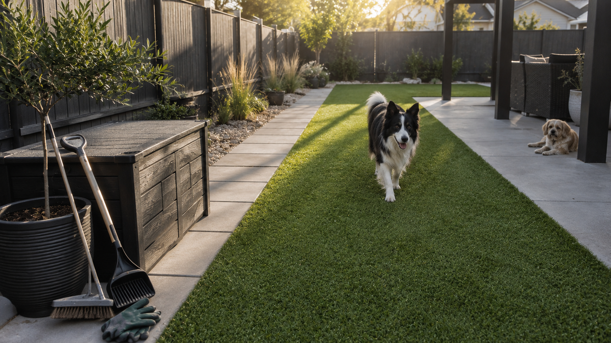 Well maintained multi dog backyard with artificial turf, pavers, and gravel illustrating a consistent long term routine for controlling outdoor pet odor.