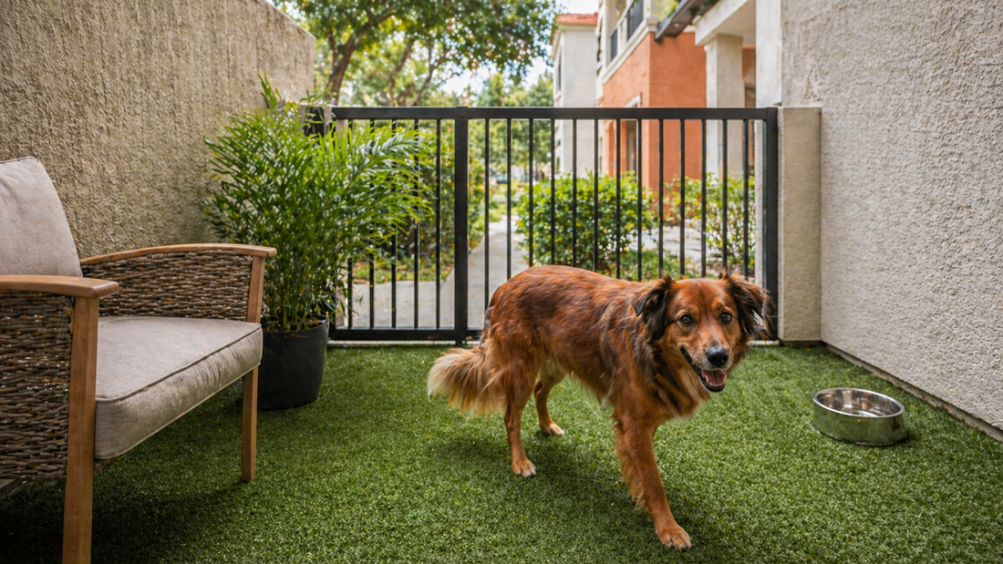 Clean first-floor patio dog area with a small outdoor space showing a maintained surface for pets.