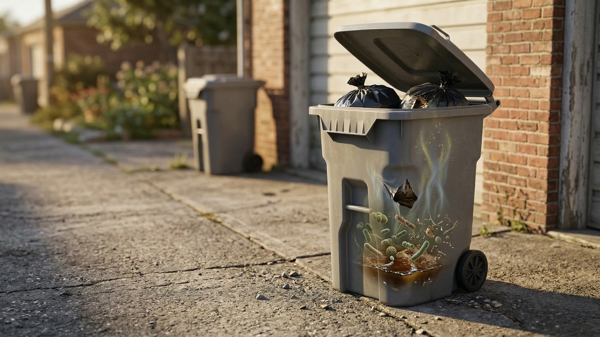 Outdoor trash bin showing how organic residue and bacteria inside the container can produce odor even after washing.