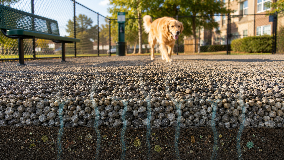 Outdoor gravel pet area showing how dog urine drains below the surface and causes odor buildup in lower layers.