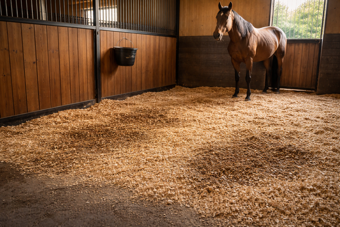 Horse stable stall with bedding showing how urine can soak into lower layers and cause persistent ammonia odor.