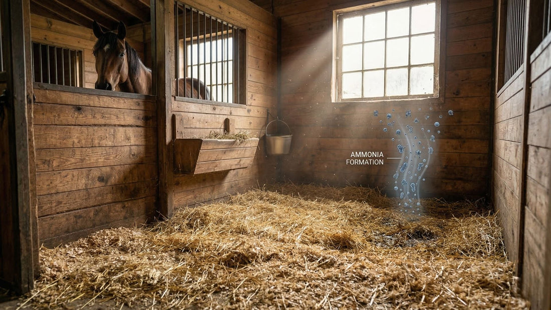 Horse barn stall with bedding showing how urine residue in straw and flooring can produce ammonia odor.