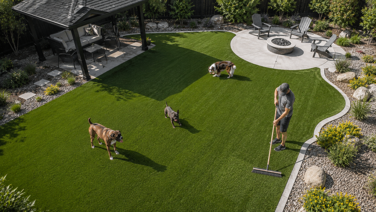 Homeowner performing routine maintenance on artificial turf in a backyard used daily by multiple dogs to help prevent pet urine odor.