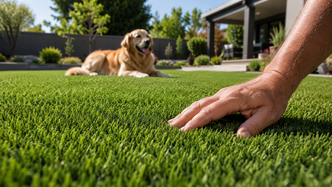 Close-up of artificial turf being inspected in a residential backyard, illustrating routine maintenance to help manage pet urine odor.