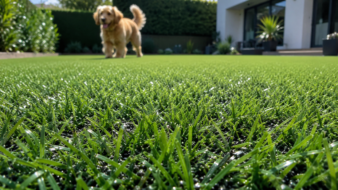 Artificial turf backyard cleaned for pet odor with realistic grass fibers and a dog playing outdoors