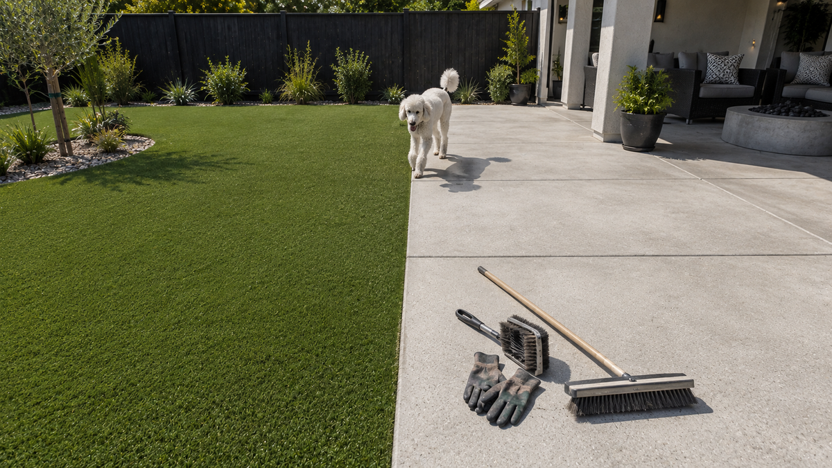 Clean artificial turf and concrete patio after deep outdoor maintenance in a pet-friendly backyard, illustrating deep cleaning of both surfaces.