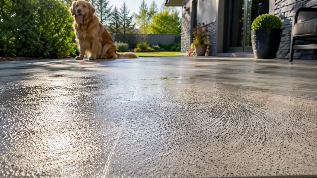 Clean outdoor concrete patio after dog urine odor treatment with a dog in the background and realistic textured surface.