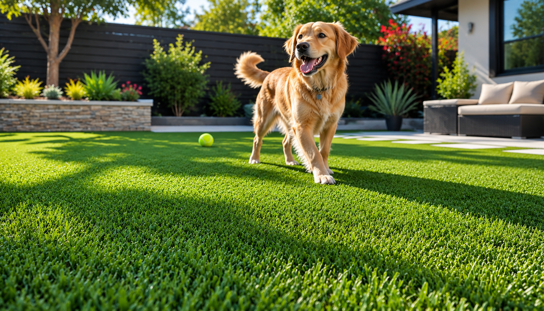 Artificial turf backyard with a dog showing a common outdoor pet area where urine odor can build up over time.
