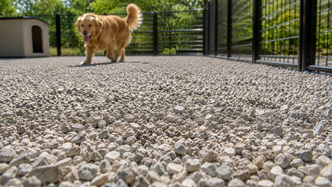 Clean gravel dog area with a pet in the background showing a typical outdoor pet relief surface used for odor management.