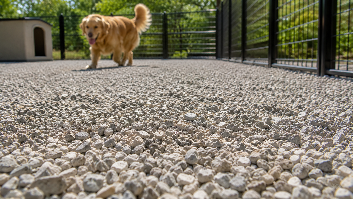 Clean gravel dog area with a pet in the background showing a typical outdoor pet relief surface used for odor management.