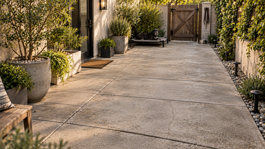 Older concrete dog area with mature surface texture, joints, and cracks illustrating where years of recurring pet urine buildup can become difficult to address.