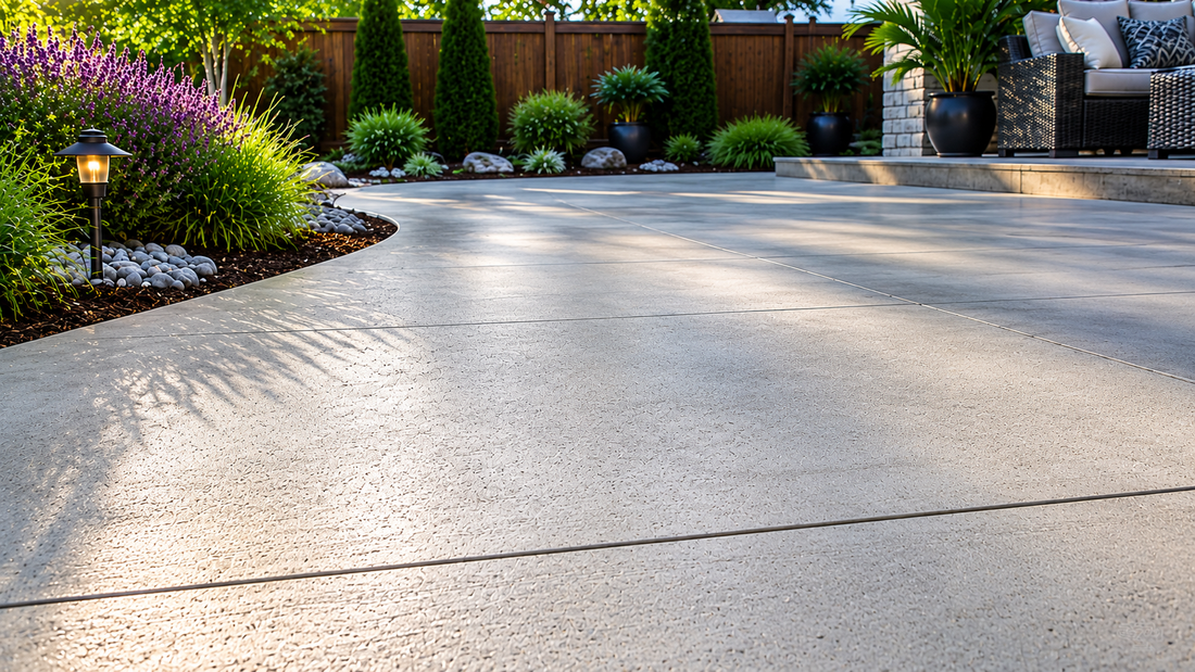 Clean outdoor concrete patio surface in a residential backyard commonly used for pet activity and odor management.