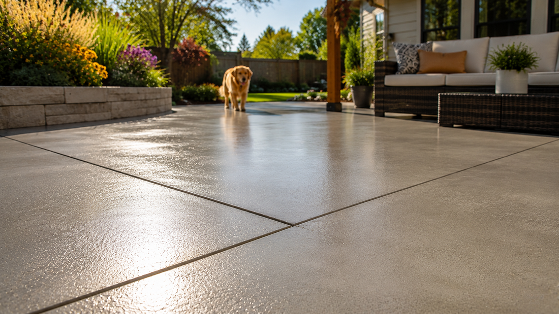 Sealed concrete patio in a residential backyard showing a common outdoor surface used by pets and exposed to organic residue over time.