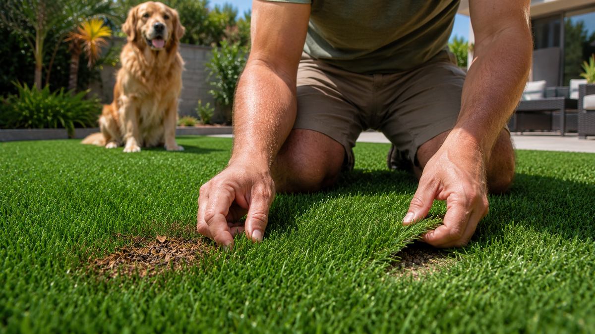 Homeowner inspecting a small section of artificial turf to evaluate whether the issue is a surface stain or pet odor buildup.